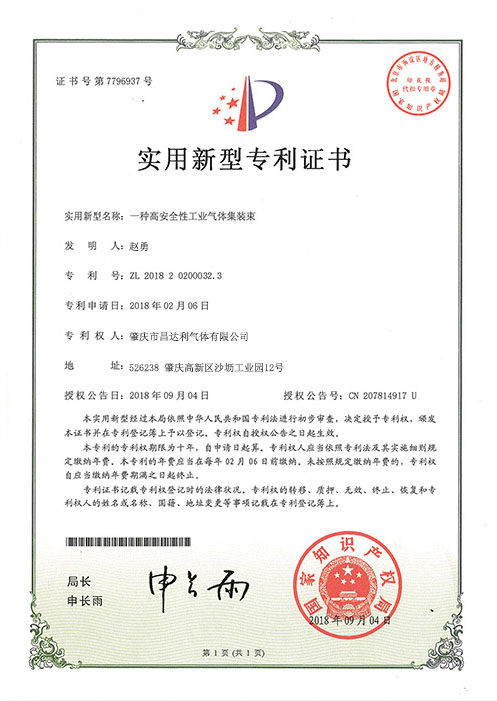“一种高安全性工业气体集装束”发明专利证书